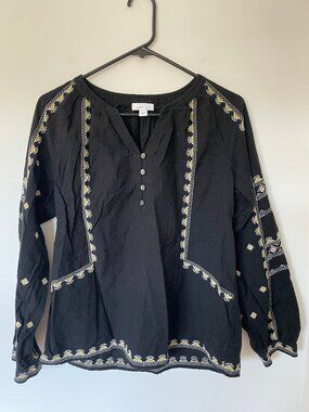 J. Jill Pure Jill Elements Embroidered Peasant Blouse Black Size Small